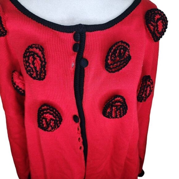 Vintage 80s Cardigan Chunky Sweater Crocheted Rose Womens Plus Size 26 Red - Picture 2 of 11
